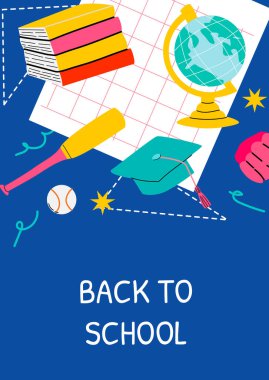 Modern okul satışı posteri. Kitaplar, dünya, mezuniyet şapkası ve spor eşyaları. Üniversite etkinlikleri, eğitim promosyonları ve kampüs aktiviteleri için mükemmel..