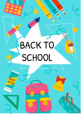 Sırt çantalı ve pastel boyalı mavi arka planda okul malzemeleri. Kitapların, kalemlerin ve canlı okul eşyalarının yer aldığı eğitici bir poster. Okul promosyonları ve mevsimlik satışlar için ideal.
