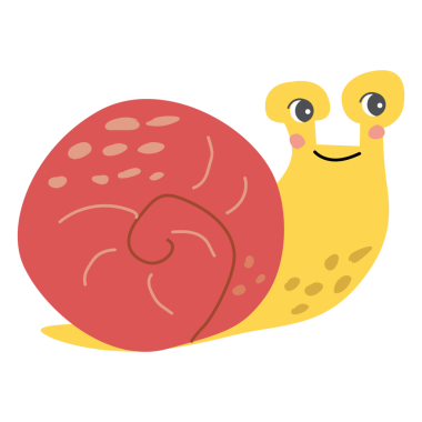 Renkli çizgi film salyangozu, neşeli bir ifade ve beyaz arka planda kırmızı kabuk..