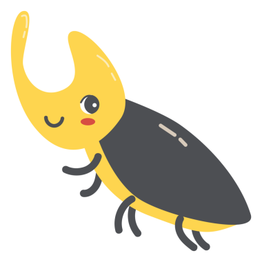 Sevimli çizgi film herkülüsü gülümsemeli ve sarı boynuzlu böcek..