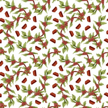 Yeşil yaprakların kusursuz deseni ve beyaz arka planda kırmızı fasulyeler..
