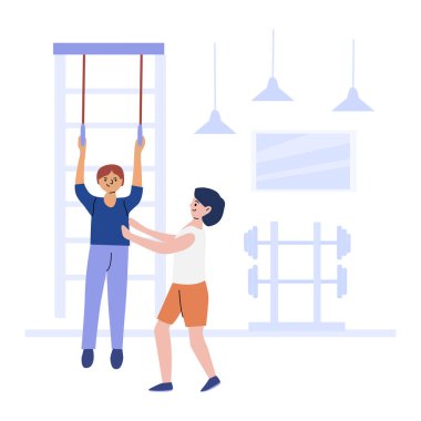 Genç beyaz erkekler spor salonunda barfiks çubukları ve ağırlıklarıyla birlikte egzersiz yapıyorlar..