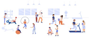 Çeşitli spor grupları modern fitness merkezinde çeşitli aktivitelere katılıyor..