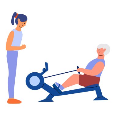 Kadın antrenör yaşlı beyaz erkeğe kürek çekme makinesinde yardımcı oluyor..