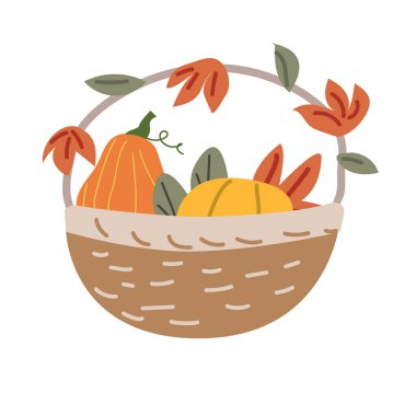 Sonbahar hasat sepeti, balkabağı ve yapraklar düz çizim tarzında..