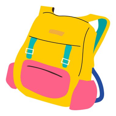 Mavi kayışlı ve geniş cepli renkli sarı ve pembe bir sırt çantası..