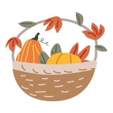 Sonbahar hasat sepeti balkabağı ve yapraklarla.