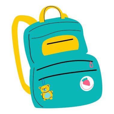 Oyuncak anahtarlık ve çilek rozetli renkli bir sırt çantası...