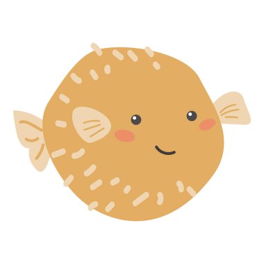 Tatlı çizgi film kirpi balığı ya da gülen yüzlü balon balığı ve beyaz arka planda pembe yanaklar..