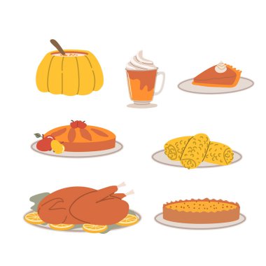 Kabak çorbası, kızarmış hindi, mısır ve tatlı resimleriyle Şükran Günü ziyafeti. Şükran Günü yemeklerinde parti ve davetiye için ikonlar çizildi..