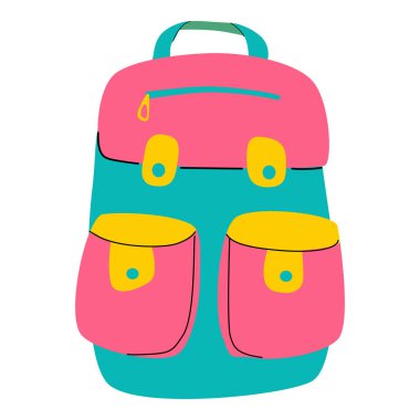 Beyaz arkaplanda birden fazla cebi olan renkli sırt çantası.