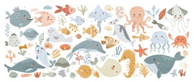 Balinalar, yunuslar, ahtapotlar, köpekbalıkları ve denizyıldızı, denizanası, fener balığı, melek balığı, kaplumbağa, kirpi balığı, süs balığı. Şirin deniz hayvanları, deniz kabuğu, yosun, mercan