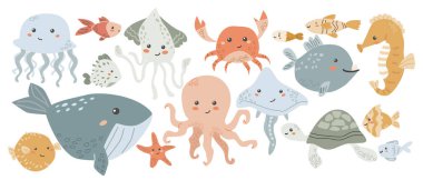 Balinalar, ahtapotlar, denizanaları, fener balıkları, melek balığı, kaplumbağa, kirpi balığı, süs balığı, mürekkep balığı, kalamar izole edilmiş vektör ilülasyonu olan renkli deniz canlıları koleksiyonu