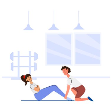 Genç beyaz kadın spor salonunda genç bir erkeğin desteğiyle egzersiz yapıyor..