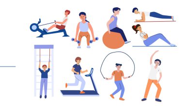 Çeşitli fitness aktiviteleri ve egzersizleri yapan farklı bireyler.