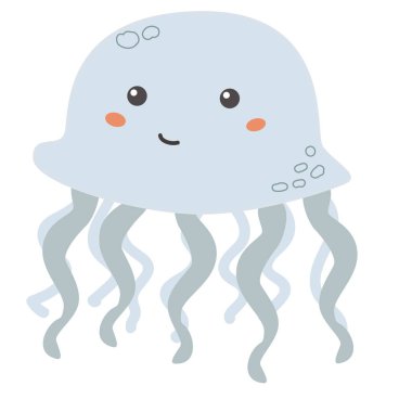 Açık mavi dokunaçları olan sevimli gülümseyen denizanası çizgi filmi..