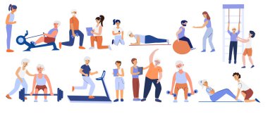 Bir antrenörün rehberliğinde çeşitli yaşlı yetişkinler çeşitli fitness aktivitelerine katılıyorlar. Buna esneme egzersizleri ve diğer dinamik egzersizler de dahil.