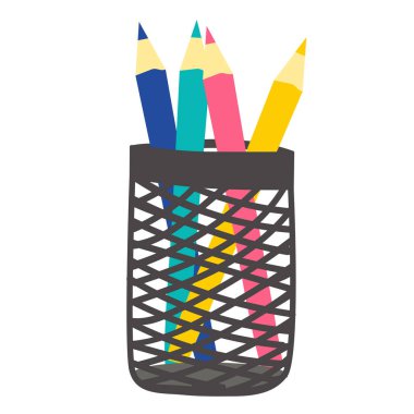 Beyaz arkaplanda siyah ağ tutacağı olan renkli kalemler.