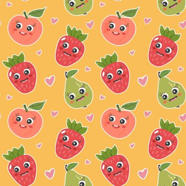 Kawaii meyveleriyle kusursuz desen. Tatlı gülen armut, şeftali ve karalama şeklinde çilek. Çocuklar, tekstil, ambalaj kağıdı ve dekor için eğlenceli bir yaz geçmişi.