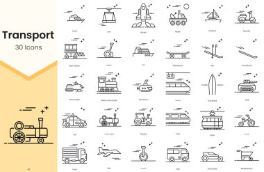 Simple Outline Set of Transportation Icons. Thin Line Collection contains such Icons as rocket, rover, sail boat, scooter, sea tractor and more