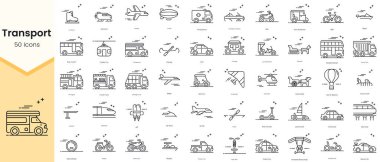 Simple Outline Set of Transportation Icons. Thin Line Collection contains such Icons as aerosani, airplane, airship, ambulance, amphibious vehicle and more