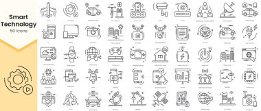 Simple Outline Set of Smart Technology Icons. Thin Line Collection contains such Icons as airplane, automation, autonomous car, bike charging station and more