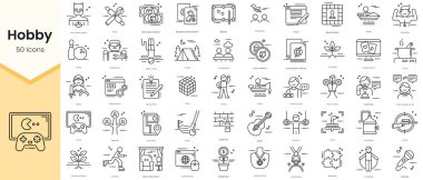 Simple Outline Set of Hobby Icons. Thin Line Collection contains such Icons as animal care, archery, astronomy, autographs collector, baking and more
