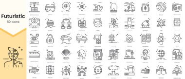 Simple Outline Set of Futuristic Icons. Thin Line Collection contains such Icons as augmented reality, automatic lights, autonomous vehicle, bio fuel and more