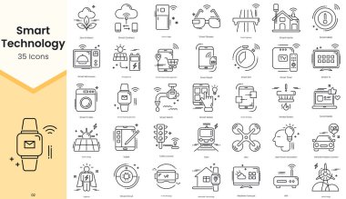 Simple Outline Set of Smart Technology Icons. Thin Line Collection contains such Icons as smart connect, glasses, highway, smart home and more