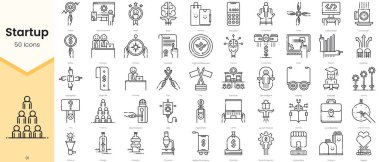 Simple Outline Set of Startup Icons. Thin Line Collection contains such Icons as analysis, apps development, award, badge, brain, branding, calculator and more