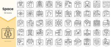 Simple Outline Set of Space Icons. Thin Line Collection contains such Icons as alien, constellation, rocket, galaxy, contact, moon and more