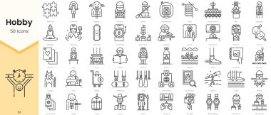 Simple Outline Set of Hobby Icons. Thin Line Collection contains such Icons as jigsaw puzzles, jumping rope, karaoke, kart racing, kayaking and more