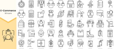 Simple Outline Set of E-Commerce Icons. Thin Line Collection contains such Icons as cash on delivery, cashback, checkout, client cost, closed, customer review and more