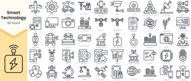 Simple Outline Set of Smart Technology Icons. Thin Line Collection contains such Icons as airplane, automation, communication, connected car, intelligent energy and more