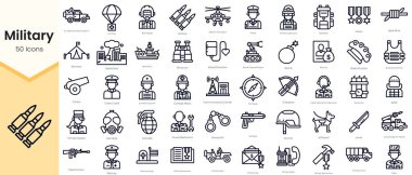 Simple Outline Set of Military Icons. Thin Line Collection contains such Icons as air drop, air force, army, artillery specialist, backpack, bomb, bounty and more