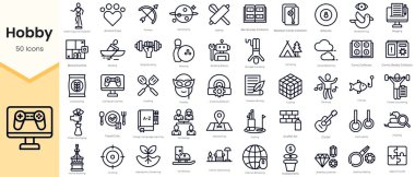 Simple Outline Set of Hobby Icons. Thin Line Collection contains such Icons as animal care, archery, astronomy, autographs collector, baking and more