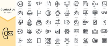 Simple Outline Set of Contact Us Icons. Thin Line Collection contains such Icons as bullhorn, calendar, call, chat, email and more