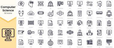 Simple Outline Set of Computer Science Icons. Thin Line Collection contains such Icons as ai, algorithm, cable connector, cloud, cooling system and more
