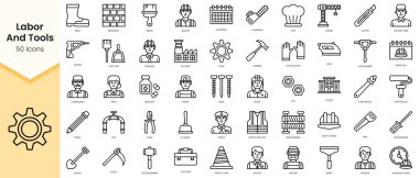 Simple Outline Set of labor and tools icons. Linear style icons pack. Vector illustration