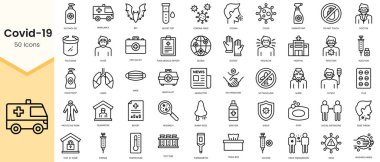 Simple Outline Set of covid 19 icons. Linear style icons pack. Vector illustration