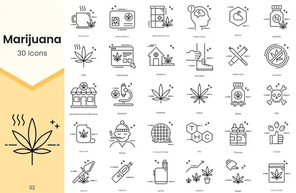 Simple Outline Set of Marijuana Icons. Thin Line Collection contains such Icons as marijuana tea, medical marijuana, medical marijuana card, multiple sclerosis and more
