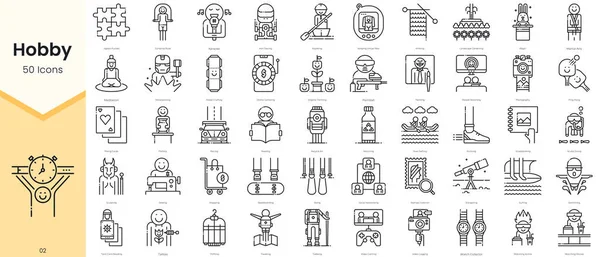 Simple Outline Set of Hobby Icons. Thin Line Collection contains such Icons as jigsaw puzzles, jumping rope, karaoke, kart racing, kayaking and more