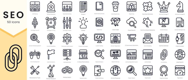 Simple Outline Set of SEO Icons. Thin Line Collection contains such Icons as affiliate marketing, blogging, branding services, keyword analysis, content marketing and more