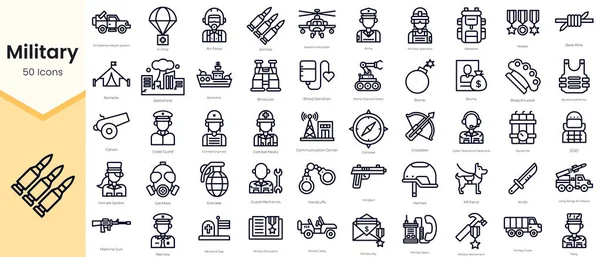Simple Outline Set of Military Icons. Thin Line Collection contains such Icons as air drop, air force, army, artillery specialist, backpack, bomb, bounty and more