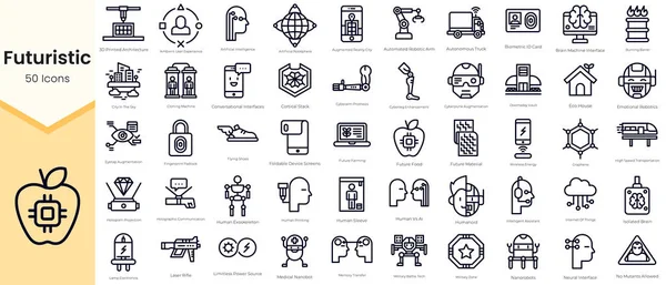 Simple Outline Set of Futuristic Icons. Thin Line Collection contains such Icons as augmented reality city, ambient user experience, flying shoes, internet of things and more