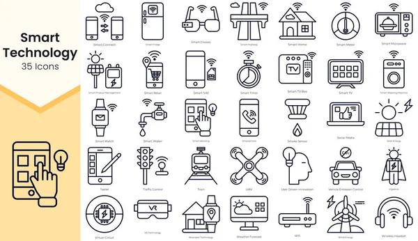 Simple Outline Set of Smart Technology Icons. Thin Line Collection contains such Icons as smart working, smartphone, smoke sensor, social media, solar energy and more