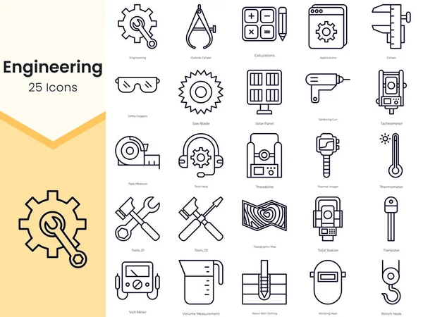 Simple Outline Set of Engineering Icons. Thin Line Collection contains such Icons as saw blade, solar panel, soldering gun, tacheometer and more
