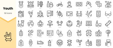 Bir grup gençlik ikonu. Basit çizgi sanat simgeleri paketi. Vektör illüstrasyonu