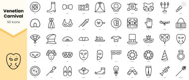 Venedik karnaval simgeleri seti. Basit çizgi sanat simgeleri paketi. Vektör illüstrasyonu