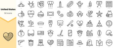Birleşik Devletler Simgeleri seti. Basit çizgi sanat simgeleri paketi. Vektör illüstrasyonu